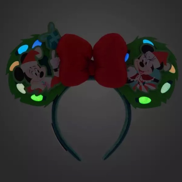 Disney Parks Loungefly Mickey & Minnie Holiday Christmas Glow Headband Ears NEW main image 4